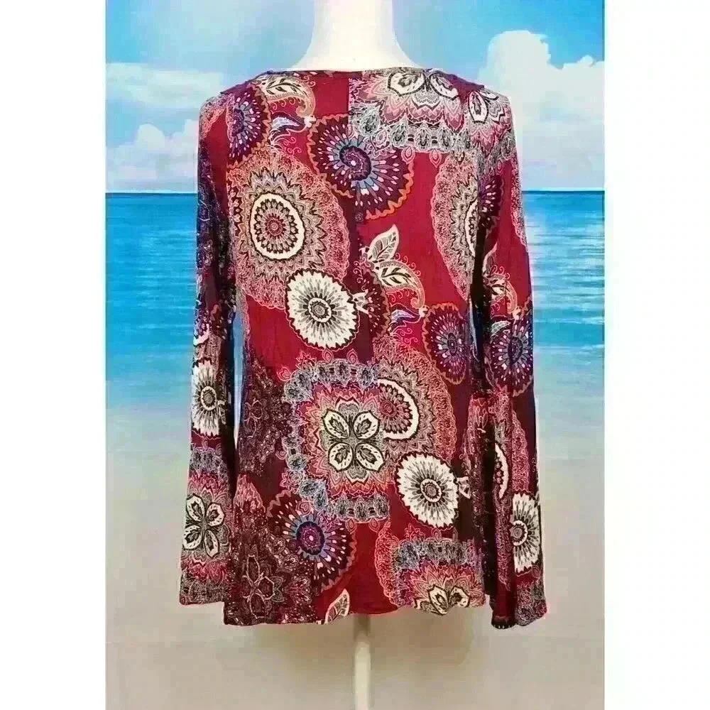 ENERGE' Womans CRANBERRY BURGUNDY Shirt LONG Sleeves Top Crotchet Neck size Med - Picture 4 of 6